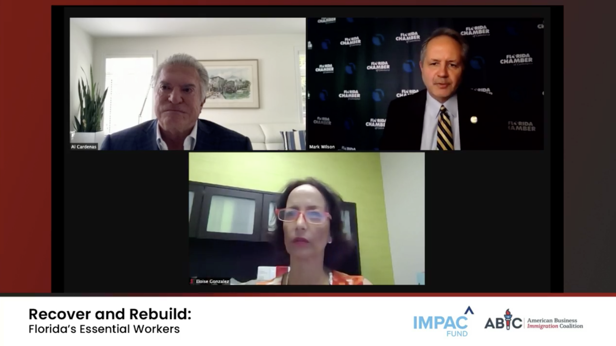 Squire Patton Boggs senior partner Al Cardenas, Miami business leader Eloise Gonzalez, and Florida Chamber of Commerce CEO Mark Wilson participate in a conversation about rebuilding Florida's economy.